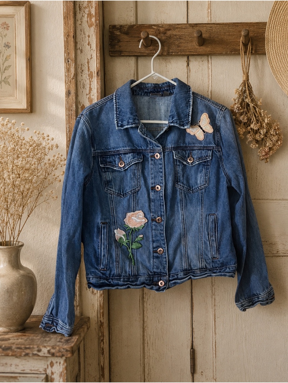 NY&C Soho Jeans Denim Jacket Embroidered Rose Butterfly Large